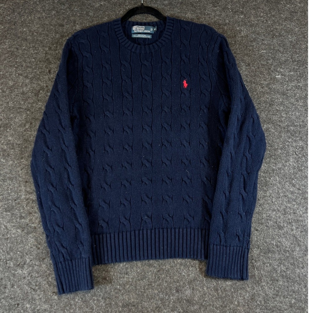 Vintage 90s Polo Ralph Lauren Navy Cable Knit Cotton Sweater Mens Medium Pony